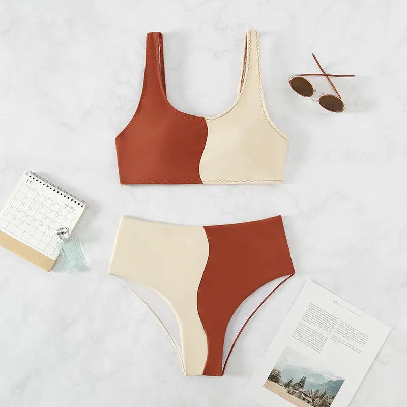 Ivory Tan Geometric Tankini