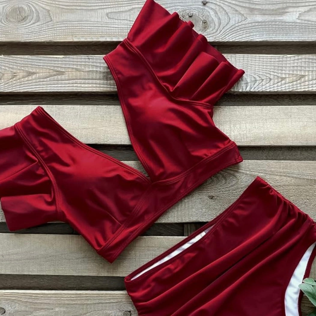 Burgundy Flutter Sleeve Bikini